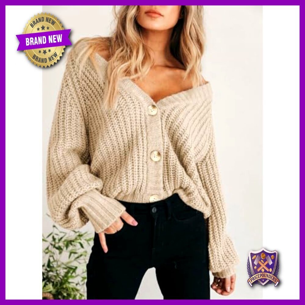 Chunky Knit Open Front Cardigan, Oversized Fit, Button Detail, Long Sleeve - Picture 5 of 7